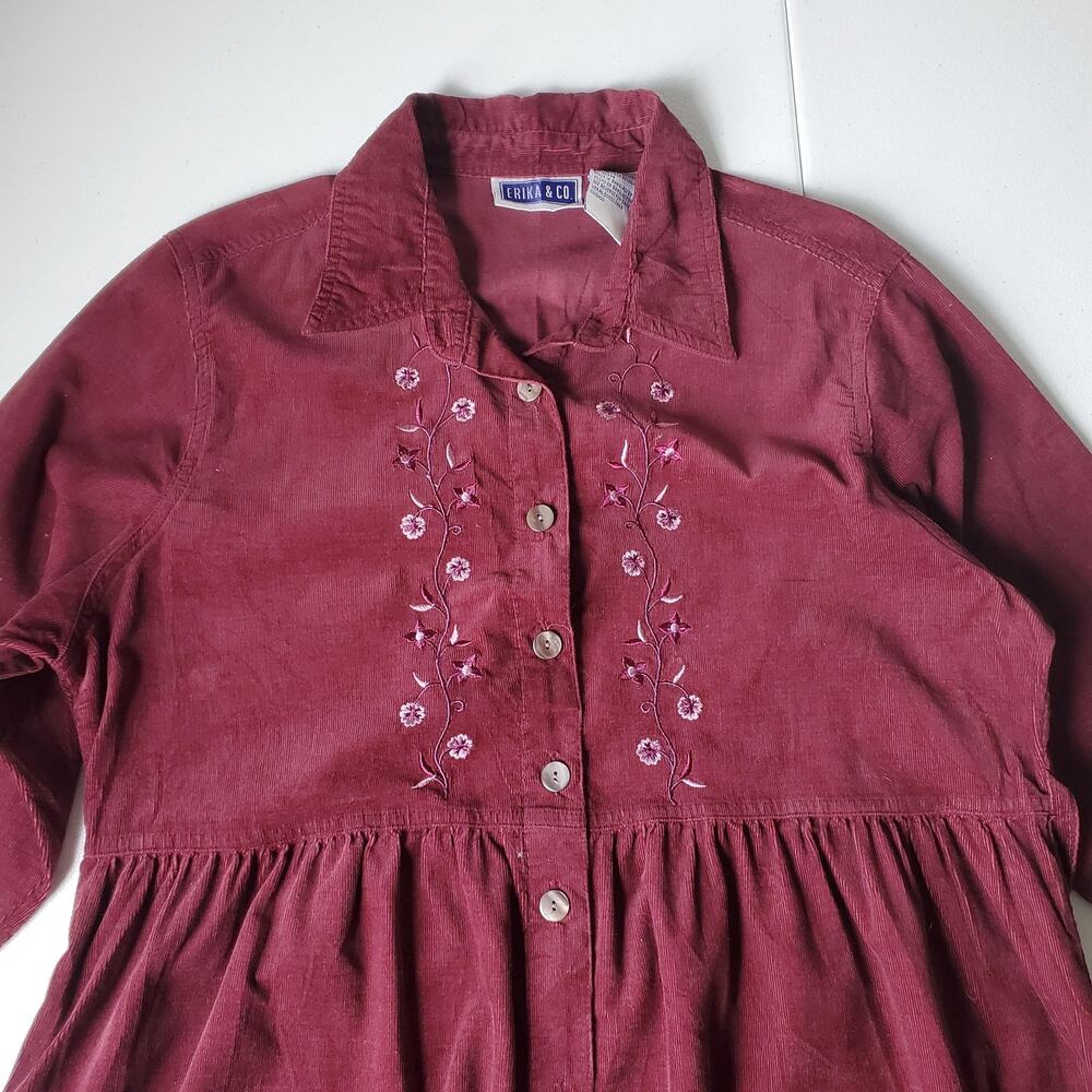 90s Erika & Co Dress Womens Large Red Corduroy Embroidered Modest Shirt Midi